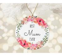 Christmas Tree Decoration 7.3cm, Best Mum Ever Mum Flower Christmas Ceramic Hanging Double Sided Ceramic Xmas Ornament Personalised Christmas Baubles For Home Decor Ornament Holiday