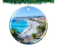 Christmas Tree Decoration 7.3cm, France Nice City Travel Ceramic Hanging Double Sided Christmas Tree Decorations Personalised Ceramic Xmas Ornament For Holiday Ornament Home Decor