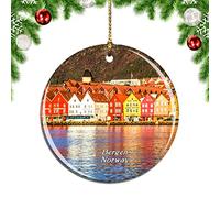 Christmas Tree Decoration 7.3cm, Norway Bryggen Hanseatic Wharf Bergen City Travel Christmas Baubles Double Sided Ceramic Hanging Novelty Christmas Tree Decorations For Ornament Home Decor