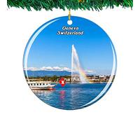 Christmas Tree Decoration 7.3cm, Switzerland Jet Fountain Lake Geneva City Travel Ceramic Hanging Double Sided Ceramic Xmas Ornament Novelty Christmas Baubles For Ornament Keepsake Holiday