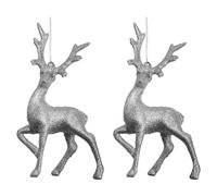 VFM e-Store - Christmas Tree Decoration Glitter Reindeer Ornament X 2 Stocking Filler Xmas Present Celebration Festive Winter Ornaments - 16cmx10cmx4cm Silver