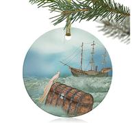Christmas Tree Decoration Old Boat Sea Waves White Peacock Stand On Treasure Chest Round Ceramic Hanging Funny Ceramic Xmas Ornament Double Sided Christmas Baubles Family