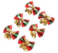 Christmas Tree Decoration Ornaments 6 Pack Featuring Handmade Jingle Bells and Bow Accents Crafted from Cloth and Metal (D)
