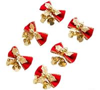 Christmas Tree Decoration Ornaments 6 Pack Featuring Handmade Jingle Bells and Bow Accents Crafted from Cloth and Metal (B)