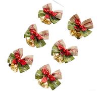 Christmas Tree Decoration Ornaments 6 Pack Featuring Handmade Jingle Bells and Bow Accents Crafted from Cloth and Metal (G)