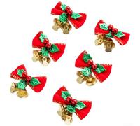 Christmas Tree Decoration Ornaments 6 Pack Featuring Handmade Jingle Bells and Bow Accents Crafted from Cloth and Metal (A)