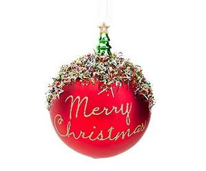 Christmas Tree Decoration Round Merry Christmas Tinsel Glitter Glass Bauble Matt Red
