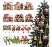 Christmas Tree Decorations, 24PCS Wood 2d Gingerbread House Decor, 3 Inch Tall Cute Candy Cane Christmas Decorations, Hanging Ornaments for Xmas Tree Home Decor Gingerbread House Ornaments