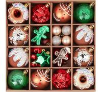 Christmas Tree Decorations - 40 ct Red Green Gold Christmas Baubles Assorted Ornaments with Gingerbread Man, Doughnut Designs - Shatterproof Xmas Tree Decorations
