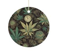 Christmas Tree Decorations Ceramic A Puff in Time Weed Marijuana Hanging Ornaments with Gold String Double-Sided Personalized Xmas Tree Decor for Indoor Home Holiday Party Decorations Gift