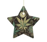 Christmas Tree Decorations Ceramic A Puff in Time Weed Marijuana Hanging Ornaments with Gold String Double-Sided Personalized Xmas Tree Decor for Indoor Home Holiday Party Decorations Gift-Star Shaped