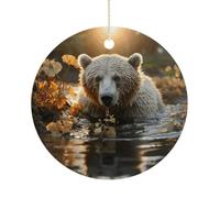 Christmas Tree Decorations Ceramic Bear Crossing The River Hanging Ornaments with Gold String Double-Sided Personalized Xmas Tree Decor for Indoor Home Holiday Party Decorations Gift