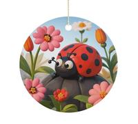 Christmas Tree Decorations Ceramic Cartoon Ladybug Flower Hanging Ornaments with Gold String Double-Sided Personalized Xmas Tree Decor for Indoor Home Holiday Party Decorations Gift