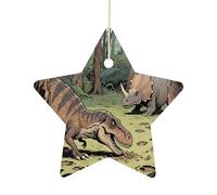 Christmas Tree Decorations Ceramic Dinosaur Jungle Hanging Ornaments with Gold String Double-Sided Personalized Xmas Tree Decor for Indoor Home Holiday Party Decorations Gift-Star Shaped