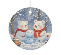 Christmas Tree Decorations Ceramic Lovely Snow Bear Hanging Ornaments with Gold String Double-Sided Personalized Xmas Tree Decor for Indoor Home Holiday Party Decorations Gift