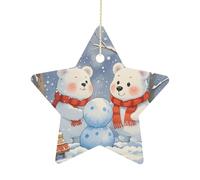 Christmas Tree Decorations Ceramic Lovely Snow Bear Hanging Ornaments with Gold String Double-Sided Personalized Xmas Tree Decor for Indoor Home Holiday Party Decorations Gift-Star Shaped