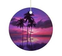 Christmas Tree Decorations Ceramic Palm Tree Purple Sunset Hanging Ornaments with Gold String Double-Sided Personalized Xmas Tree Decor for Indoor Home Holiday Party Decorations Gift