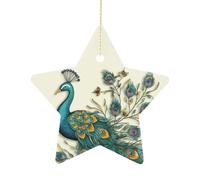 Christmas Tree Decorations Ceramic Peacock Pattern Hanging Ornaments with Gold String Double-Sided Personalized Xmas Tree Decor for Indoor Home Holiday Party Decorations Gift-Star Shaped