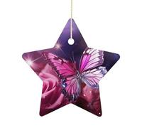 Christmas Tree Decorations Ceramic Pink Butterfly Hanging Ornaments with Gold String Double-Sided Personalized Xmas Tree Decor for Indoor Home Holiday Party Decorations Gift-Star Shaped