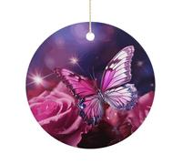 Christmas Tree Decorations Ceramic Pink Butterfly Hanging Ornaments with Gold String Double-Sided Personalized Xmas Tree Decor for Indoor Home Holiday Party Decorations Gift