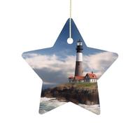 Christmas Tree Decorations Ceramic Sea Lighthouse Hanging Ornaments with Gold String Double-Sided Personalized Xmas Tree Decor for Indoor Home Holiday Party Decorations Gift-Star Shaped