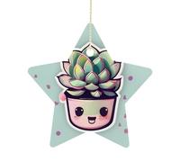 Christmas Tree Decorations Ceramic Smiling Succulents Hanging Ornaments with Gold String Double-Sided Personalized Xmas Tree Decor for Indoor Home Holiday Party Decorations Gift-Star Shaped