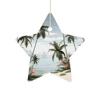 Christmas Tree Decorations Ceramic Tropical Palm Trees Hanging Ornaments with Gold String Double-Sided Personalized Xmas Tree Decor for Indoor Home Holiday Party Decorations Gift-Star Shaped