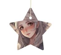 Christmas Tree Decorations Ceramic White Hair Anime Girl Hanging Ornaments with Gold String Double-Sided Personalized Xmas Tree Decor for Indoor Home Holiday Party Decorations Gift-Star Shaped