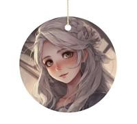 Christmas Tree Decorations Ceramic White Hair Anime Girl Hanging Ornaments with Gold String Double-Sided Personalized Xmas Tree Decor for Indoor Home Holiday Party Decorations Gift