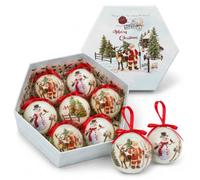 Christmas Tree Decorations Xmas Baubles Set of 7 | Father Christmas & Snowman Festive Designs 7.5cm Decorative Hanging Baubles with Red Satin Ribbon Tree Decs | Gift Box Included