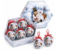 Christmas Tree Decorations Xmas Baubles Set of 7 with Gift Box | Snowman Winter Woodland Design | 7.5cm Decorative Decs Hanging Baubles with Red Satin Ribbon | Traditional Festive Tree Decorations