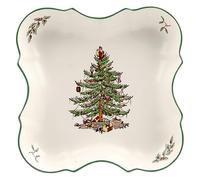 Christmas Tree Devonia Ogee | Festive Serving Piece, 8.5" Square Tray, 2" Depth, Curved Shape, Fine Earthenware, Ideal For Salads, Pasta & Fruits