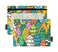Christmas Tree Doodle Binder Folder with Clear Window Pencil case with Zipper Clear Window & Grommets 3 Ringing Pencil case for Classroom School Office Supplies Multicolored 2 PCS
