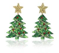 Christmas Tree Earrings for Women, Acrylic Tree Star Earrings Stud with Rhinestones Beads Dangle Holiday Jewelry for Festive Christmas Party Holiday Outfit Gift Accessories (Green)