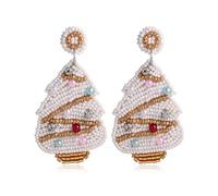 Christmas Tree Earrings for Women - Bead-Embroidered White & Gold Holiday Statement Dangles, Festive Jewelry Gifts, Party & Office Outfit Ready, Regular Size, Plastic, No Gemstone