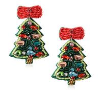 Christmas Tree Earrings for Women - Beaded Green Trees with Red Bow Top & Rhinestone “Ornaments,” Festive Holiday Statement Jewelry Gifts, Regular Size, Acrylic, No Gemstone