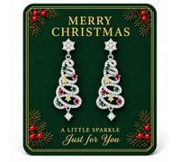 Christmas Tree Earrings for Women Holiday Dangle Earrings | Swirling Christmas tree dangles with snowflake shaped tops colorful accents and gold tone or silver tone finishes