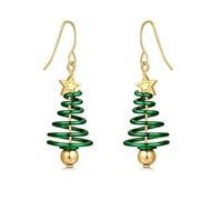 Christmas Tree Earrings, Twisted Xmas Tree Bell Earrings Enameled Green Gold Earring Sparkling Dangle Drop Earring Jewellery Gifts for Women Lady Girls with Gift Card & Box, Green