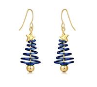 Christmas Tree Earrings, Twisted Xmas Tree Bell Earrings Enameled Green Gold Earring Sparkling Dangle Drop Earring Jewellery Gifts for Women Lady Girls with Gift Card & Box, Blue