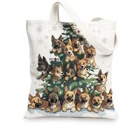 Christmas Tree German Shepherd Dog Canvas Tote Bag for Shopping 13 * 15, Xmas Snow Snowflakes Puppy Reusable Grocery Bag for Women, Fun Kid Aesthetic Painting Gift Decor