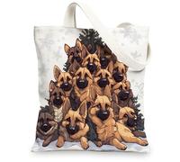 Christmas Tree German Shepherd Dog Canvas Tote Bag for Shopping 13 * 15, Xmas Snow Snowflakes Puppy Reusable Grocery Bag for Women, Fun Kid Aesthetic Painting Gift Decoration