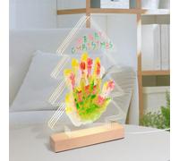 Christmas Tree Handprint Arts Night Light with 12 Paints&12 Pens,DIY Keepsake Crafts Project Paw Print,Led Note Board,New Parents Gifts for Couples Grandma Birthday Mother's Day (Wood Color)