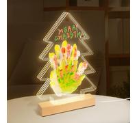 Christmas Tree Handprint Arts Night Light with 12 Paints&12 Pens,DIY Keepsake Crafts Project Paw Print,Led Note Board,New Parents Gifts for Couples Grandma Birthday Mother's Day (Wood Color)