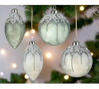 Christmas Tree Hanging Ornaments Set, 12pcs 8cm Glass with Matte Finish, Ice Lacquer, Beads & Sequins - Stocking, Gloves, Candy Cane, Jingle Bell & Wreath - DIY Xmas Decorations with String