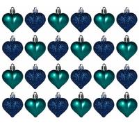 Christmas Tree Heart Baubles Decorations - Kingfisher Teal Navy Blue - Set of 24