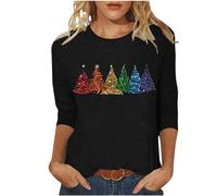 Christmas Tree Jumper Women UK, Graphic Santa Pullover Reindeer Xmas Tree Print Sweatshirt Novelty Funny Holiday Tops 3/4 Sleeve Casual Shirts Blouse Round Neck Loose Tunic Top