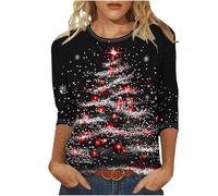 Christmas Tree Jumper Women UK, Xmas Tree Graphic Pullover Santa Reindeer Print Sweatshirt Novelty Funny Christmas Holiday Tops 3/4 Sleeve Casual Shirts Blouse Round Neck Loose Tunic Top