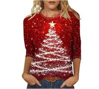 Christmas Tree Jumper Women UK, Xmas Tree Graphic Pullover Santa Reindeer Print Sweatshirt Novelty Funny Christmas Holiday Tops 3/4 Sleeve Casual Shirts Blouse Round Neck Loose Tunic Top