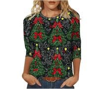 Christmas Tree Jumper Women UK, Xmas Tree Graphic Pullover Santa Reindeer Print Sweatshirt Novelty Funny Christmas Holiday Tops 3/4 Sleeve Casual Shirts Blouse Round Neck Loose Tunic Top