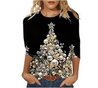 Christmas Tree Jumper Women UK, Xmas Tree Graphic Pullover Santa Reindeer Print Sweatshirt Novelty Funny Christmas Holiday Tops 3/4 Sleeve Casual Shirts Blouse Round Neck Loose Tunic Top